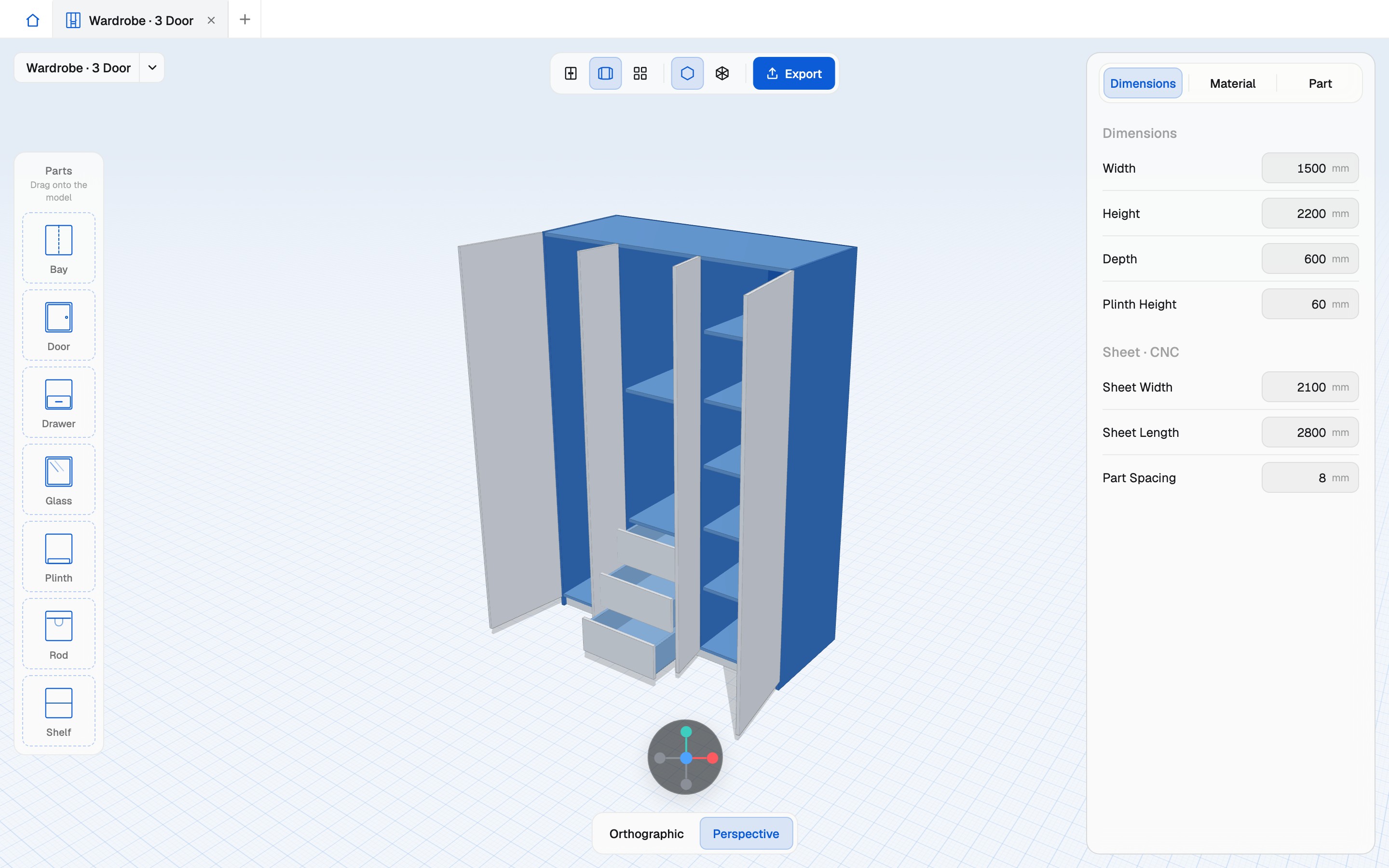 Skaplo studio with a 3D wardrobe design, parts palette and dimensions panel
