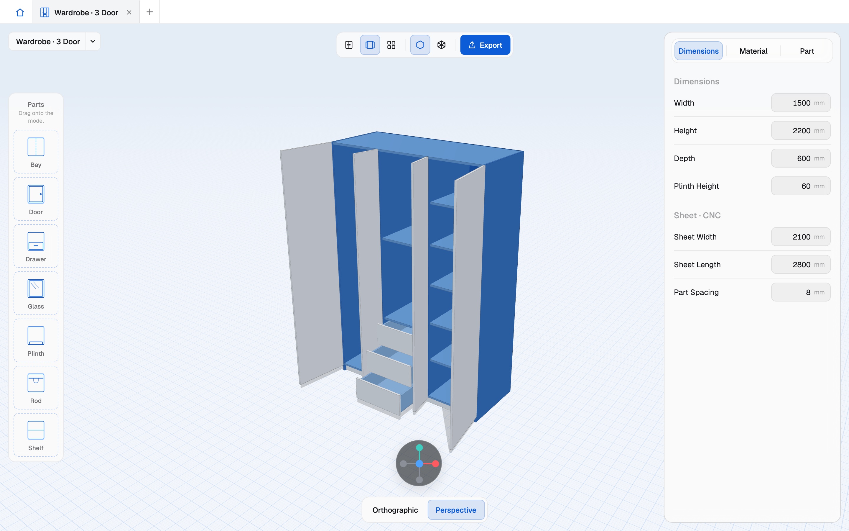 Skaplo studio with a 3D wardrobe design, parts palette and dimensions panel
